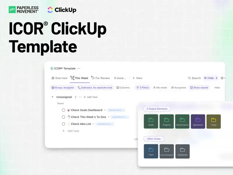 Using the ICOR® methodology (Input, Control, Output, Refine), it guides users in creating a comprehensive productivity system, addressing digital clutter and efficiency issues in fast-paced work environments. This template configures your ClickUp Space according to the ICOR® Methodology.