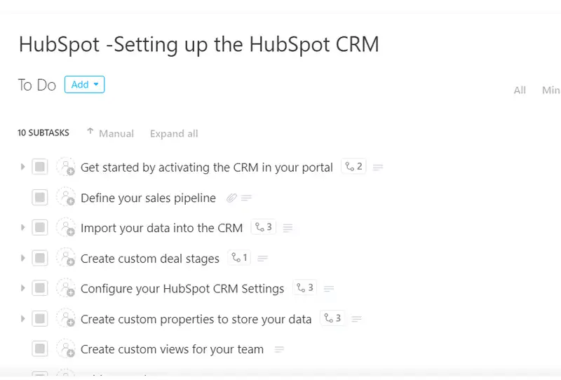 
This task template will help you go through the setup process of the HubSpot CRM for your organization with ease. 