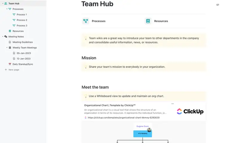 This Team Docs template is a customizable skeleton that you can use to adapt to your team's specific needs. It includes meeting notes and a team wiki. ClickUp Docs like this one can be used for efficient team collaboration and knowledge management.