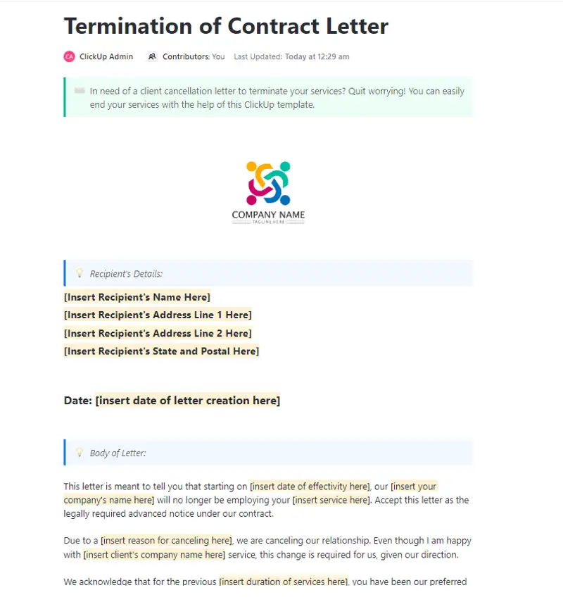 In need of a client cancellation letter to terminate your services? Quit worrying! You can easily end your services with the help of this ClickUp template.