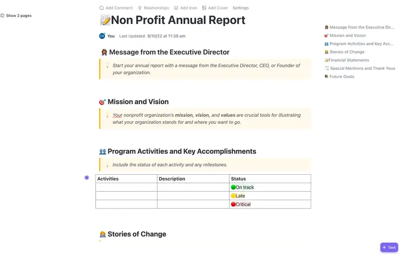 The end of the fiscal year is a reminder that reporting season is set to start for many nonprofits. Nonprofit annual reports are crucial documents to help your organization summarize their accomplishments future endeavors. This ClickUp Doc template will guide you to produce a clear and successful report.