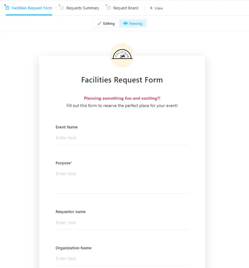 
The Facilities Request Form gives you an overview of the requests you receive from different organizations and individuals. Easily track them and optimize your rental services using this template!
