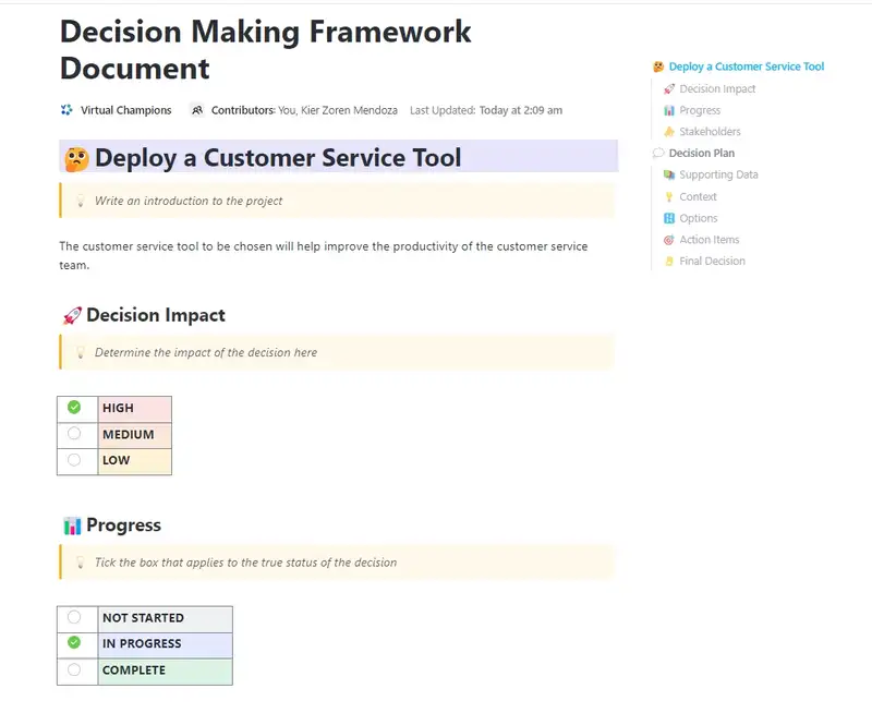 
Create a study of anything that you'd like to implement by using this decision-making framework document template!
