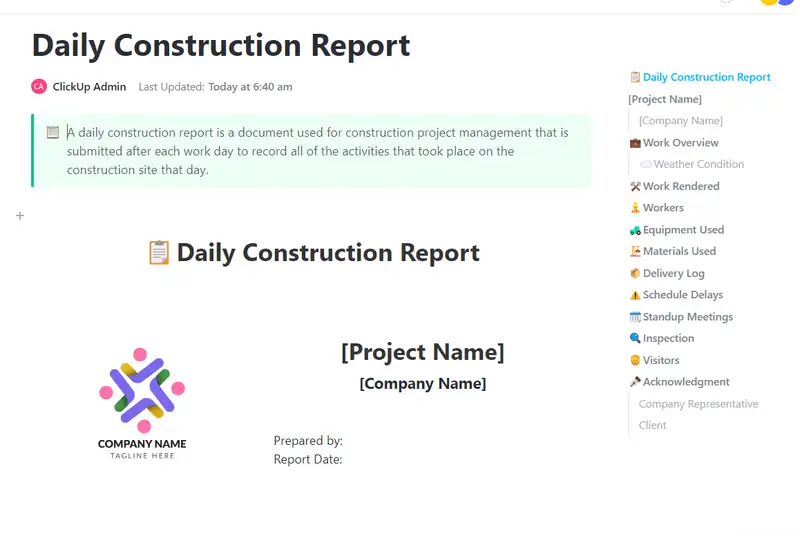 A daily construction report is a document used for construction project management that is submitted after each work day to record all of the activities that took place on the construction site that day.