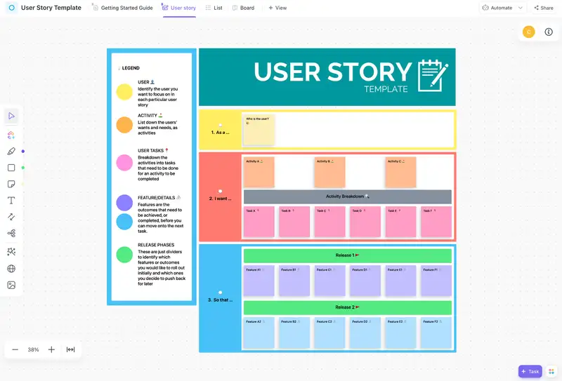 A user story is an informal description of a software feature written from the viewpoint of the client or end user. A user story's objective is to describe how a piece of work will provide the customer with a specific value. Use this ClickUp Whiteboard to develop your user stories!