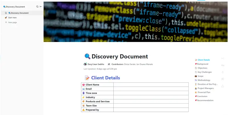 This Discovery Document template will help you understand and present a new client or business project, layout plan, and estimate financial needs. What are you waiting for? Convert prospects into clients.