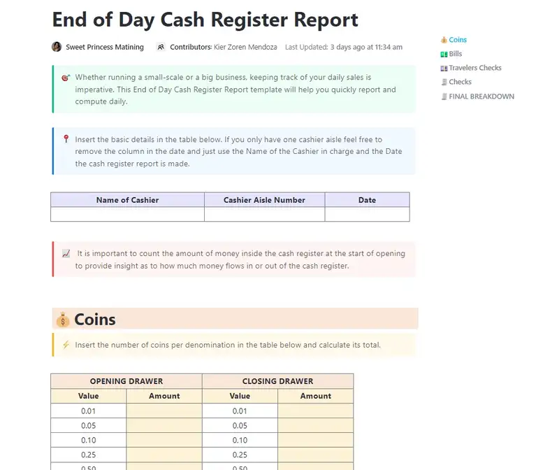 Whether running a small-scale or a big business, keeping track of your daily sales is imperative. This End of Day Cash Register Report template will help you quickly report and compute every day.