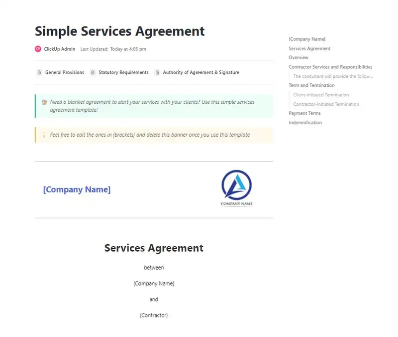 Need a blanket agreement to start your services with your clients? Use this simple services agreement template!