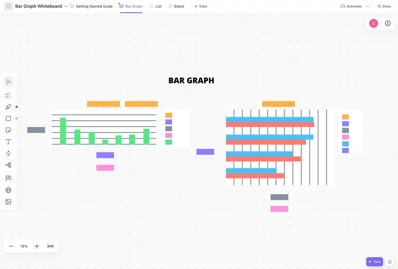 This Bar Graph Whiteboard Template allows you to compare quantitative data sets and categories visually. The use of the horizontal double bar graph allows for the visual comparison of two data sets.