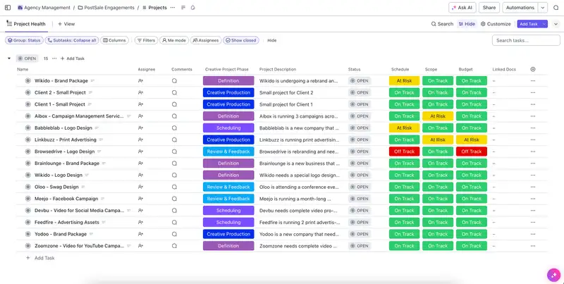 This is the ultimate template for all agencies, especially a creative agency or marketing agency. It includes everything you need to manage your sales pipeline, project scoping, resource management, client onboarding, project delivery, change requests, client feedback, and more.