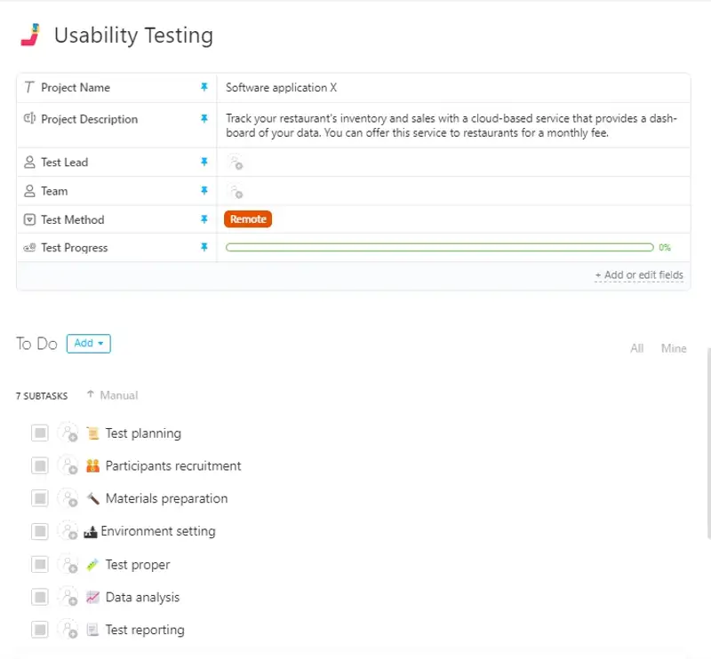 Usability testing involves evaluating a design's usability with a sample of people who represent the target audience. Typically, it entails watching users as they work to perform tasks using the new application or product. This ClickUp Task template can help test teams go through the testing process from planning up to reporting.