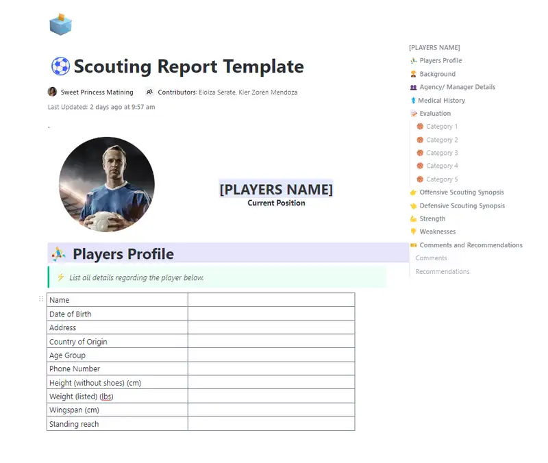 Coaches can prepare a number of reports, including Coaches Reports, Player Reports, Bench Sheets, Game Day Reports, and more, using scouting report templates. This scouting report document template contains a player's statistics and is used to compare with those of other players at their position over a specified period of time.