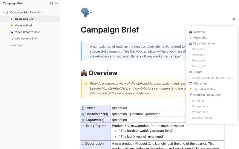 A campaign brief outlines the goals and key elements needed to create and launch a successful campaign. This ClickUp template will help you gain alignment across all stakeholders and successfully kick off any marketing campaign.