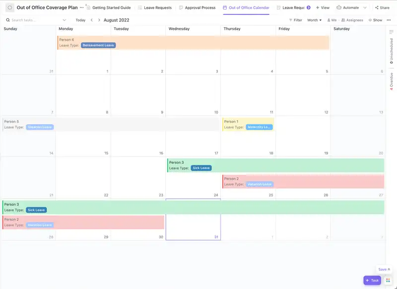 
Ever had tedious processes in evaluating your team's leave requests? 
How about trying this Out of Office Coverage Plan? Manage all incoming leave requests on one platform, and have an overview of your entire team's out-of-office schedule with this ready-to-use template.