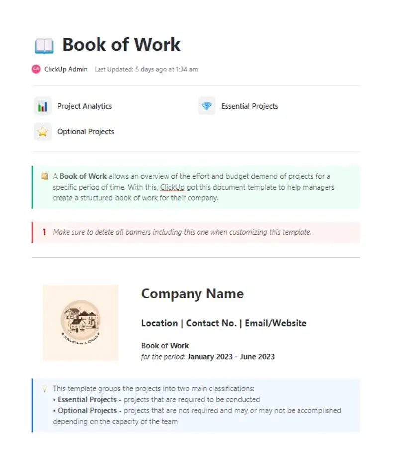 A Book of Work allows an overview of effort and budget demand of projects for a specific period of time. With this, ClickUp got this document template to help managers create a structured book of work for their company.