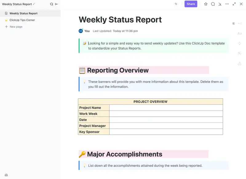 Looking for a simple and easy way to send weekly updates? Use this ClickUp Doc template to standardize your Status Reports.