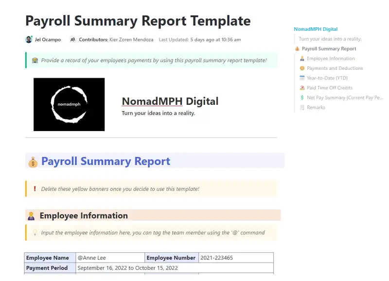 Provide a record of your employee's payments by using this payroll summary report template!