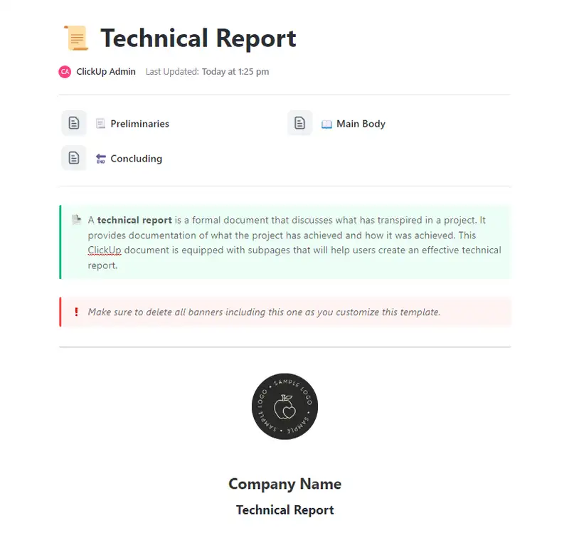 A technical report is a formal document that discusses what has transpired in a project. It provides documentation of what the project has achieved and how it was achieved. This ClickUp document is equipped with subpages that will help users create an effective technical report.