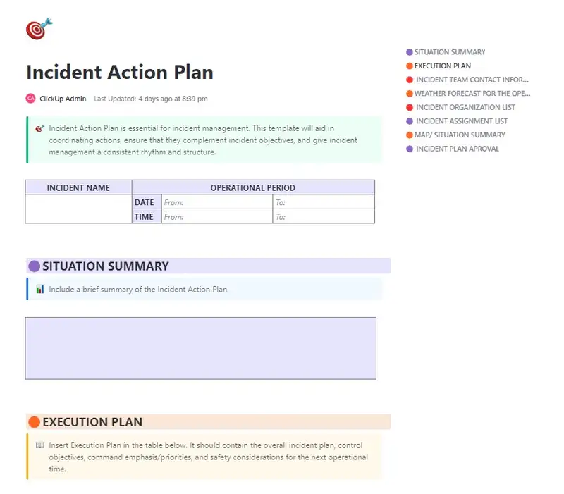 Incident Action Plan is essential for incident management. This template will aid in the coordination of actions, ensures that they complement incident objectives, and will give incident management a consistent rhythm and structure.