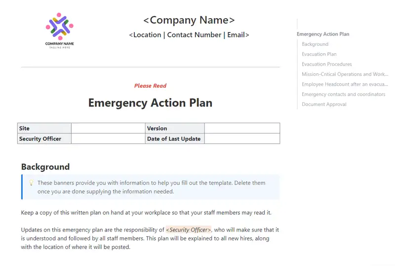 In cases of emergency, the safety of your employees is of the utmost importance. Ensure that you document your emergency action plans with this ClickUp Doc template.
