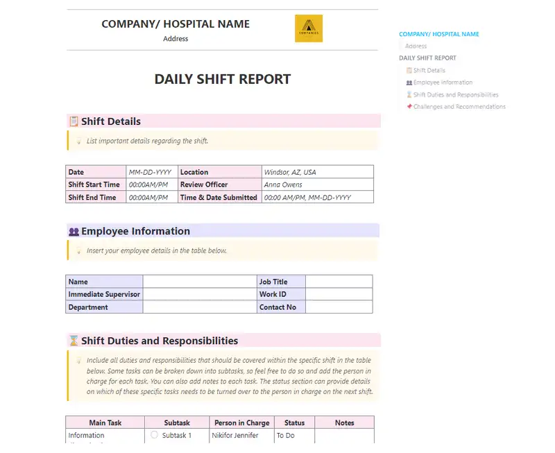 This Change of Shift Report template will help you provide a written account of what took place during the shift, including the tasks that were finished and those that weren't. It outlines the work done during the shift and includes information on any tasks left undone or added after the shift ended so that every member is aware of what needs to be done. This template will surely help you provide reports to the management and the shift afterward.
