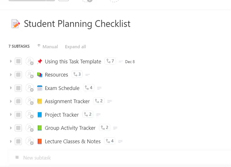 Use this Student Planning Checklist to monitor your course requirements within a deadline. It includes a tracker for assignments, projects, group activities, lecture notes, and exam schedules. Manage your courses efficiently and be on top of your classes with this task template.