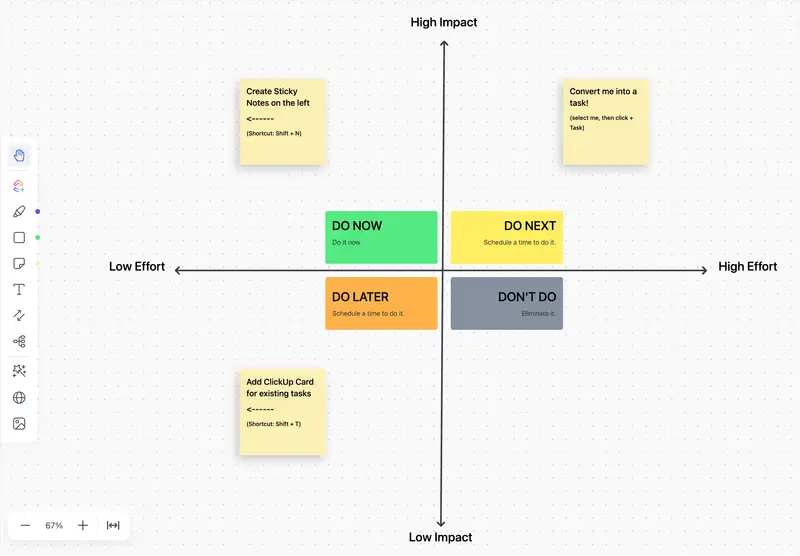 This impact effort matrix template is a great decision-making tool that helps assess ideas based on their level of importance and the effort required to complete them. Using a ClickUp Whiteboard helps teams prioritize items visually and collaboratively.