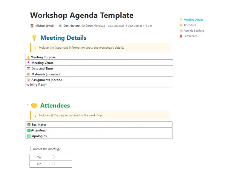 Tired of listing down general activities for your scheduled workshops? With this workshop agenda template, focus more on the activities and less on the document creation part. This template helps track all the phases of the activity.