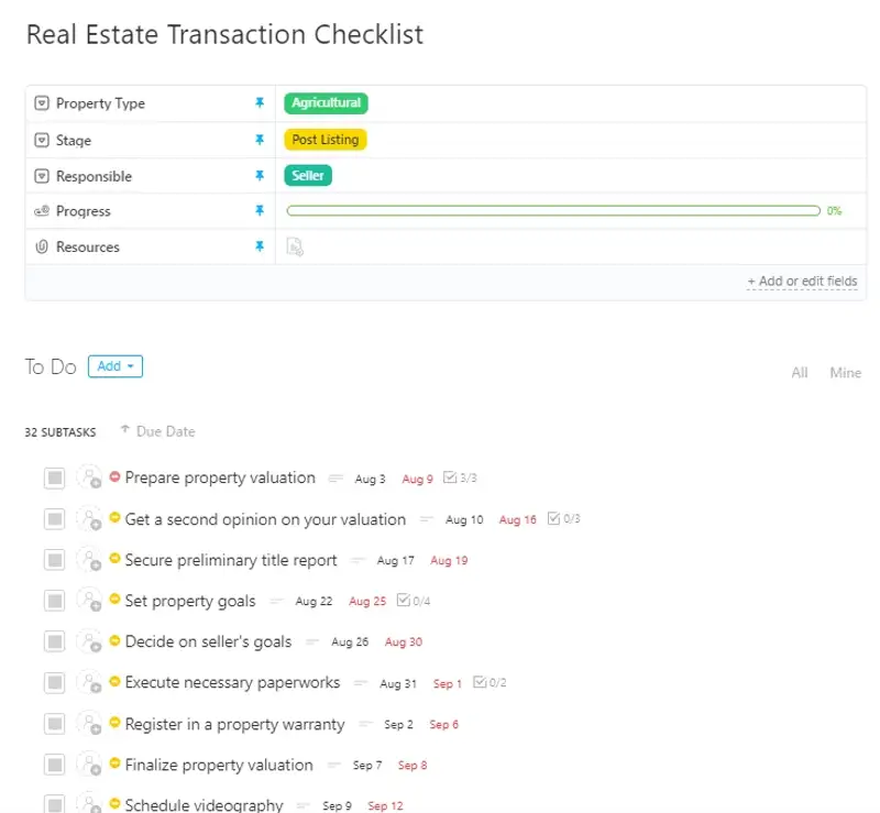 
The Real Estate Transaction Checklist Task Template offers a framework to make sure nothing is overlooked during a real estate transaction, from the pre-listing stage to the post-closing stage.