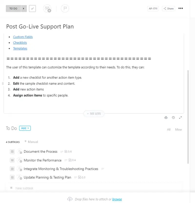 Post Go-Live Support Plan template offers post-implementation leading practices and activities to support customers after going live.