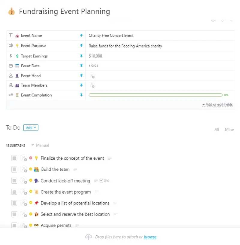 An event intended to increase awareness and support for a nonprofit's objective is called a fundraising event. Any occasion can be used to collect money by turning it into a fundraising event. This can encompass events like concerts, silent auctions, half-marathons, barbecues in the neighborhood, and more. This ClickUp Fundraising Event Planning template can help assist event managers to go through the process of planning and executing a fundraising event.