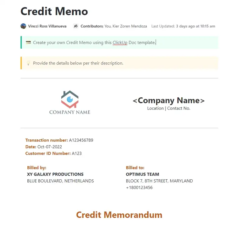 Create your own Credit Memo using this ClickUp Doc template.