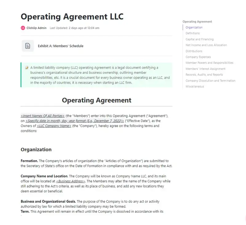 
A limited liability company (LLC) operating agreement, is a type of legal document that certifies a business' organizational structure, ownership of the business, outlines member responsibilities, etc. It is a key document for every business owner operating as an LLC, and in the majority of the countries, it is necessary when starting an LLC firm.