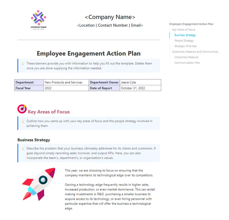 An employee engagement plan is a tool to assist you in addressing any problems or stepping up efforts that have an impact on the degree of engagement in your company. Use this Doc template to start your action plans and increase your engagement levels!