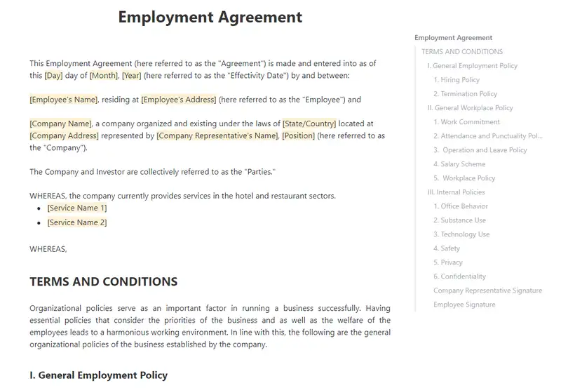 Employment Agreement, or Work Agreement, is a legal document that outlines the rights and roles of an employee, as well as the company's responsibilities and warranties to the employee in exchange for their service and expertise.