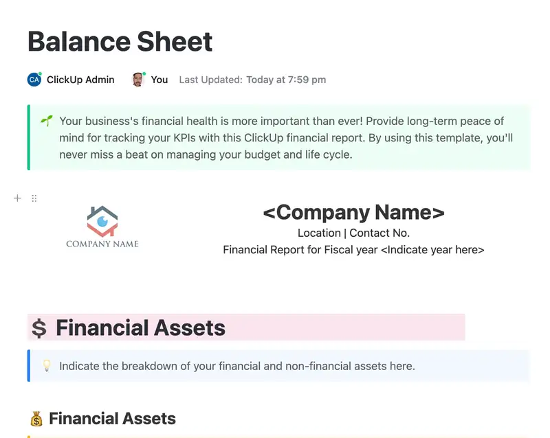 
Your business financial health is more important than ever! Provide long-term peace of mind for tracking your KPIs with this ClickUp financial report. By using this template, you'll never miss a beat on managing your budget and life cycle.