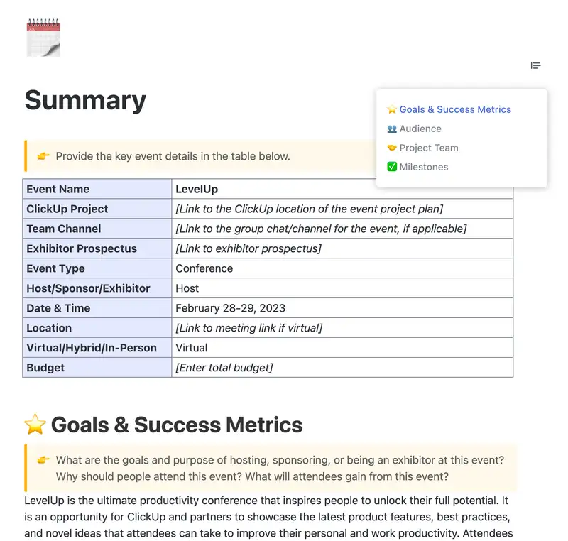 An event brief outlines the goals and key elements needed to plan a successful event. This ClickUp template will help you gain alignment across all stakeholders and kickstart your event planning.