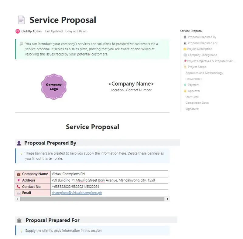 You can introduce your company's services and solutions to prospective customers via a service proposal. It serves as a sales pitch, proving that you are aware of and skilled at resolving the issues faced by your potential customers.