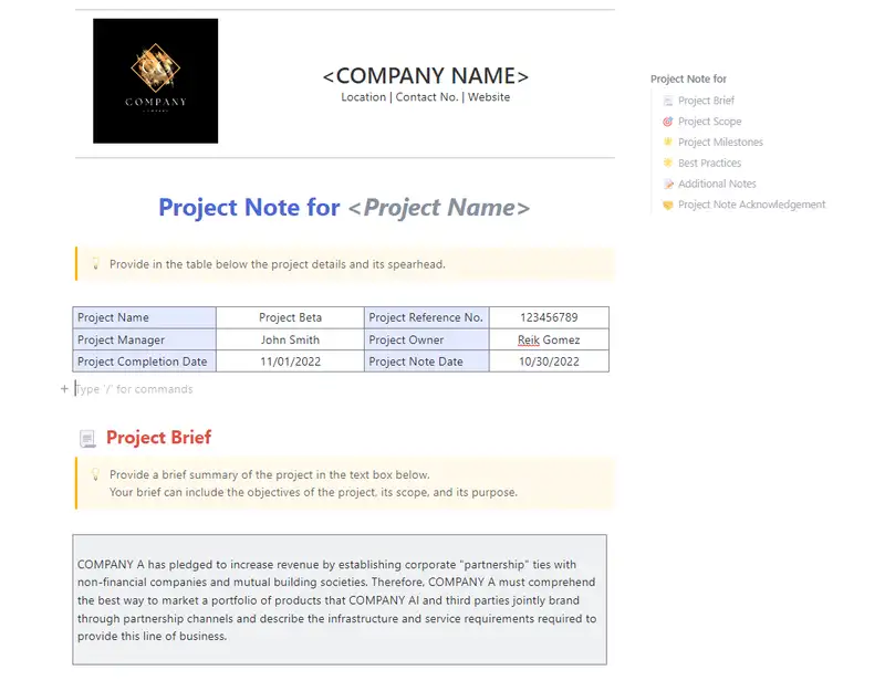 roject notes are documents that offer supplementary or extra information to help the reader understand the project better. Such project notes are made public for various reasons and in various formats. One can gain an overview of the project and use it to clarify particular sections of a project report.