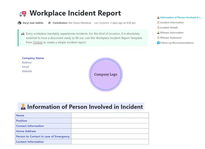 Every workplace inevitably experiences accidents at work. For this type of event, it is essential to have a document to report on the incident. Use this Workplace Incident Report Template from ClickUp to create a report.