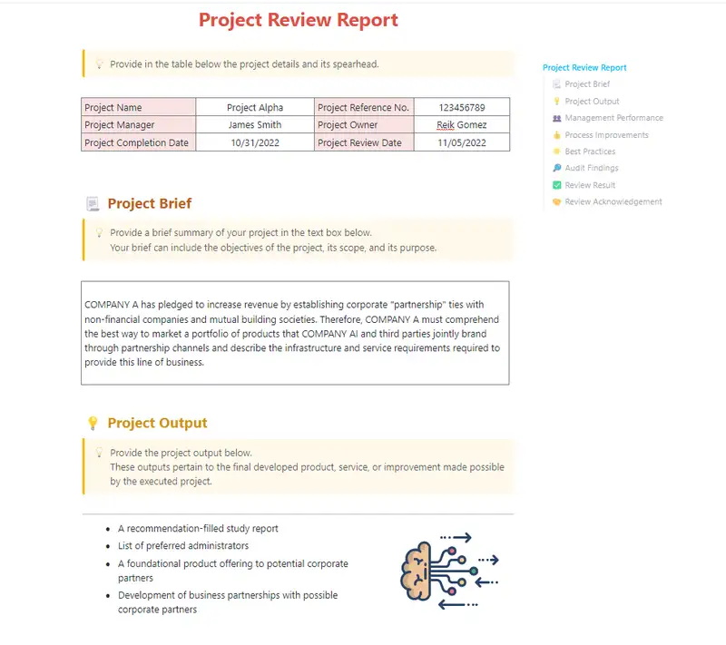 A Review Document is a comprehensive report examining how a project was carried out. It considers the lessons learned, the best practices used, how it fared during an audit, and if it had adequate program management and controls.