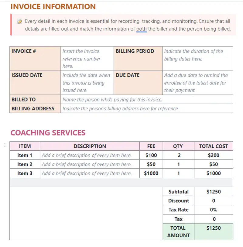 Skip the hassle of creating an invoice from scratch and accurately generate your invoices anytime with this ClickUp Coaching Invoice Template instantly. Try it now!
