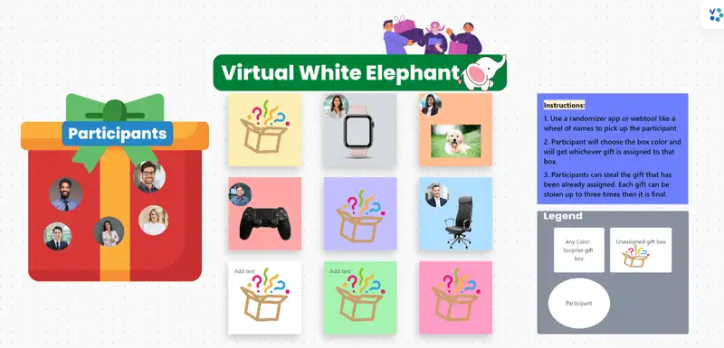 Online gift exchanges known as "virtual white elephants" allow participants to exchange bizarre and useless items. A "steal" mechanism allows one player to take a gift from another during these occasions.