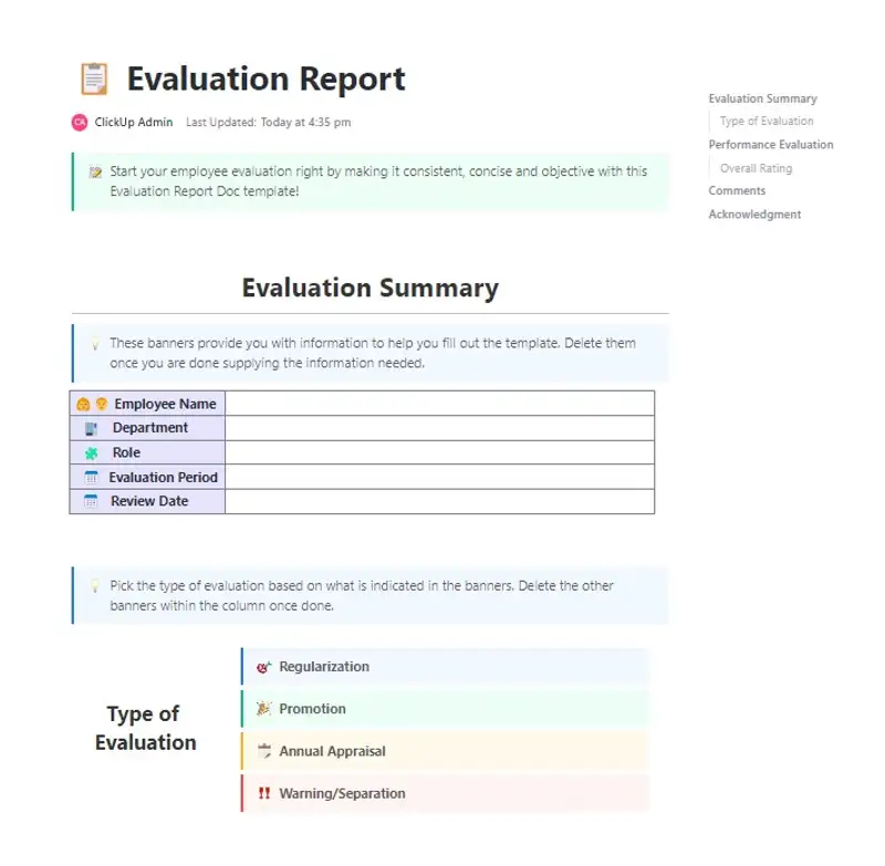 
Start your employee evaluation right by making it consistent, concise and objective with this Evaluation Report Doc template!