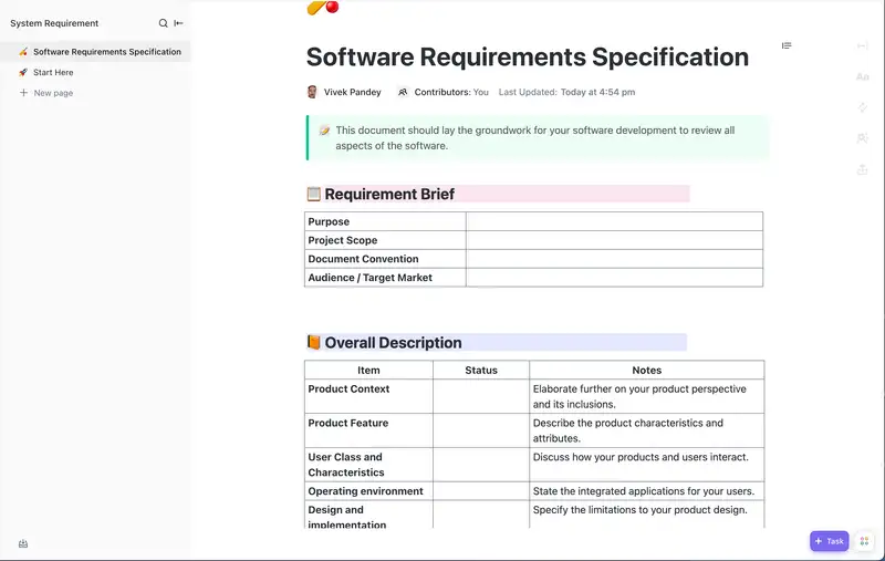 Lay the groundwork for your product development efficiently with this Software Requirements Doc. List down all important aspects needed in your product development and collaborate easily with your team.