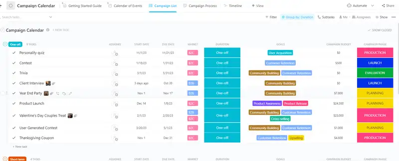 Manage your campaigns on a schedule with this ClickUp Campaign Calendar. Keep your team on board with all your campaigns and organize each one of them to achieve your marketing goals.