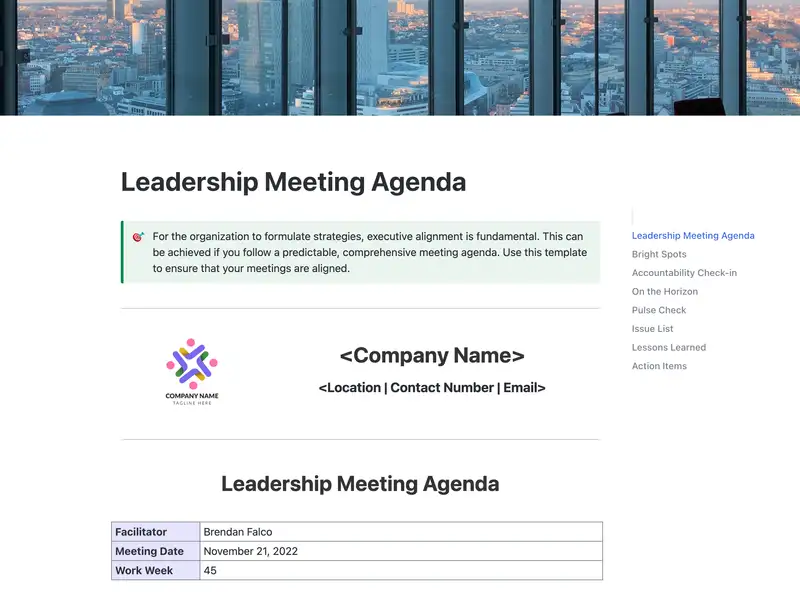 Use this Doc template to run a smooth leadership meeting. This agenda includes topics for highlighting achievements, metrics, future milestones, potential roadblocks, staff updates, and more.