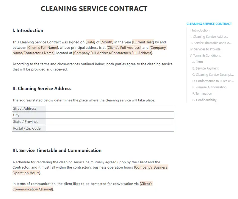 Use this Cleaning Contract Doc template from ClickUp to quickly generate a contract for your cleaning services. Customize the template, then send it to your clients via email or direct message to collect information such as contact information and signatures.