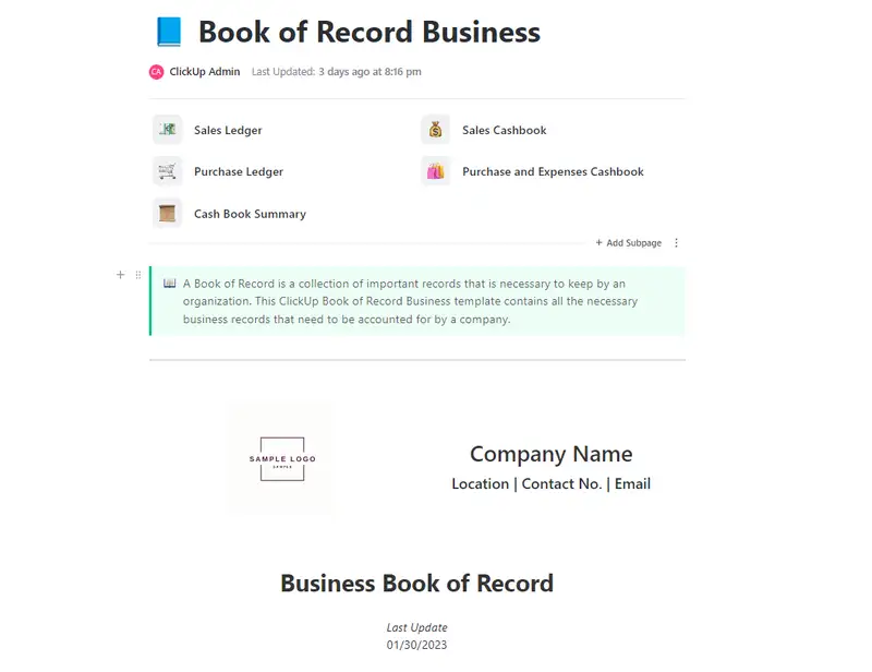 A Book of Record is a collection of important records that is necessary to keep by an organization. This ClickUp Book of Record Business template contains all the necessary business records that need to be accounted for by a company.