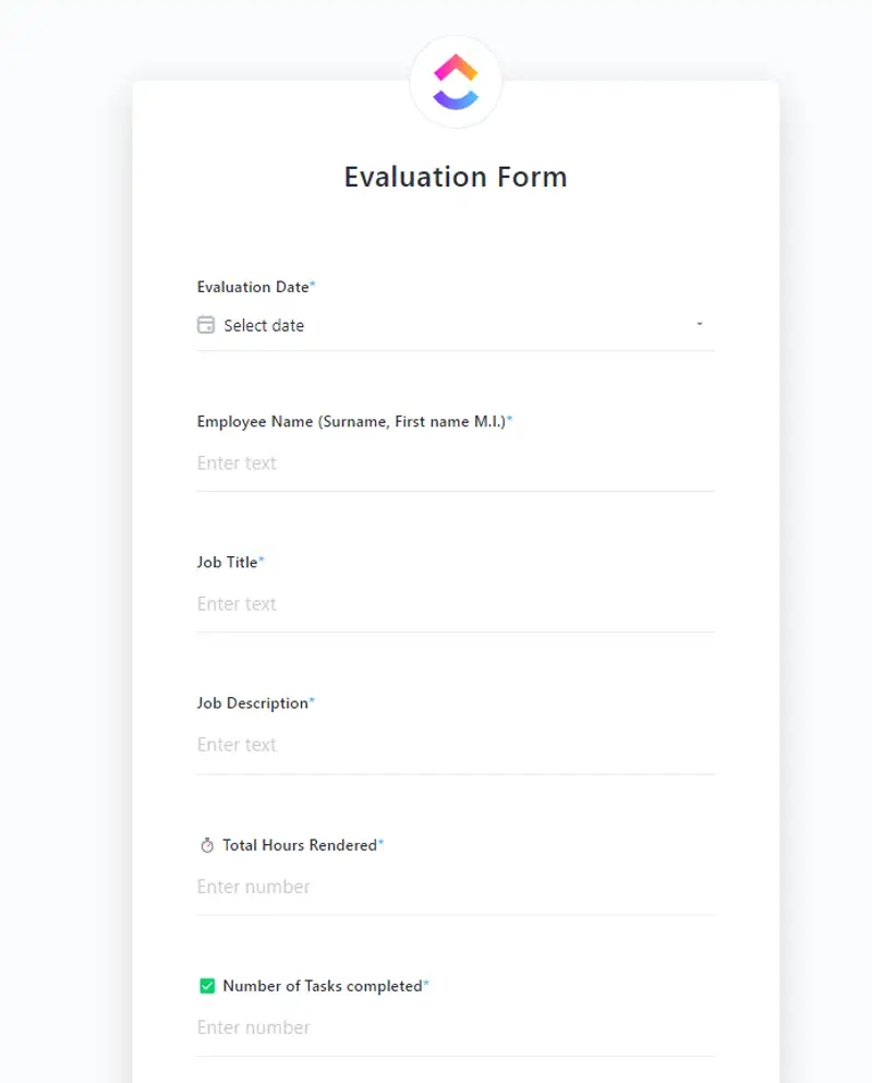 Review employee performance with a simple, user-friendly ClickUp form.